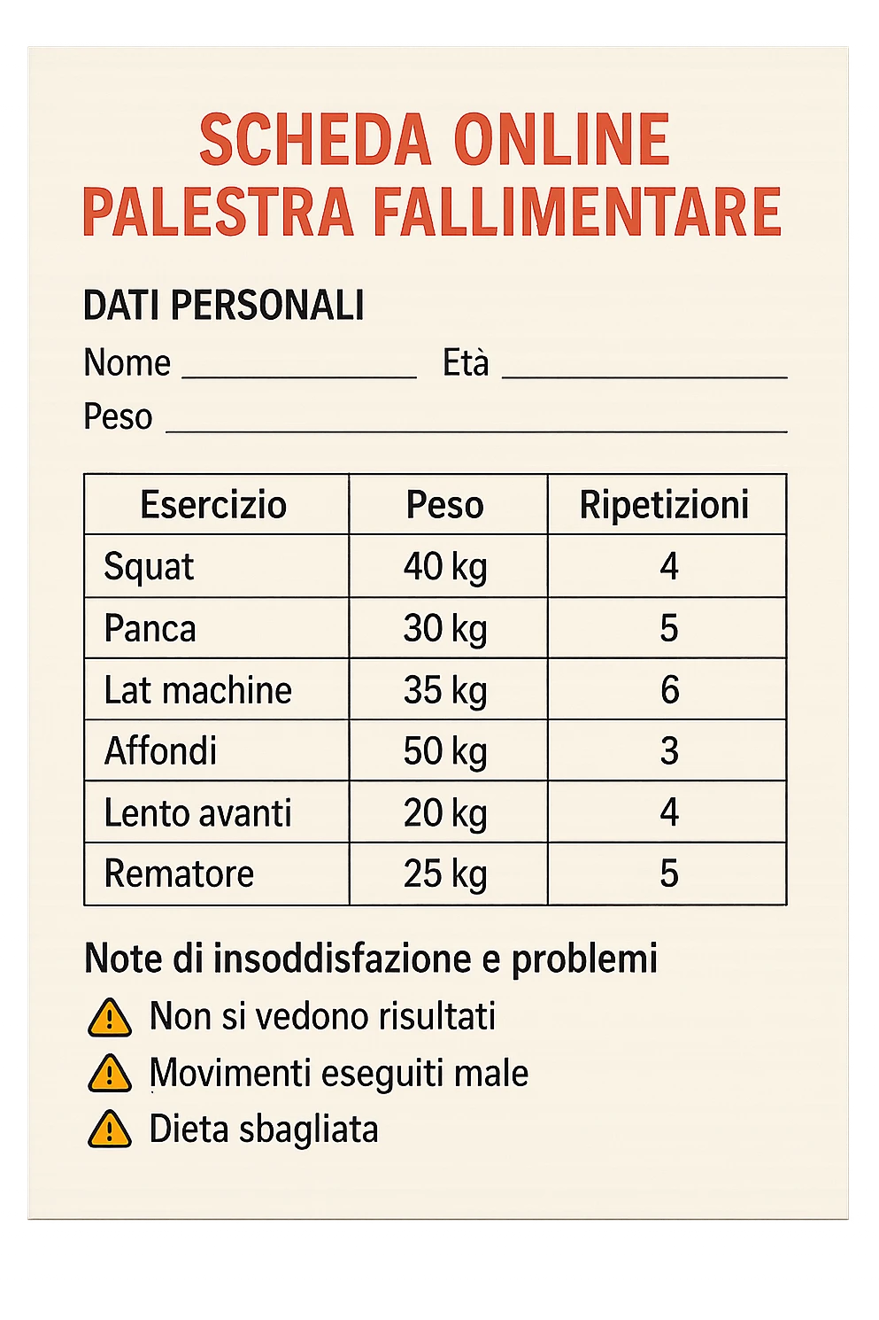Scheda online palestra fallimentare che non va bene foglio in italiano fai un esempio delle scheda emoji