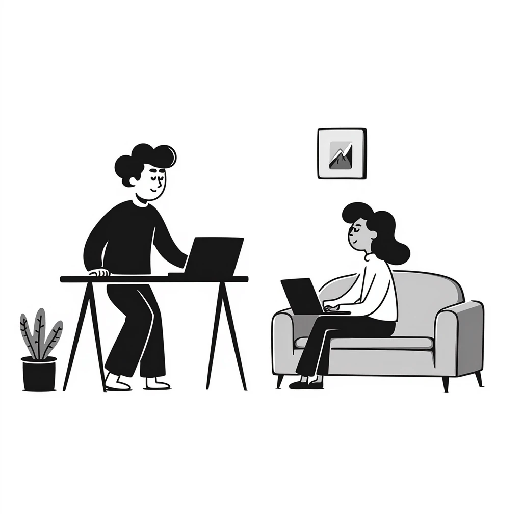 escenary 3d of a cozy mid-century living room with two people working on laptops, one man standing at a desk and one woman sitting on a couch, two walls and floor visible emoji