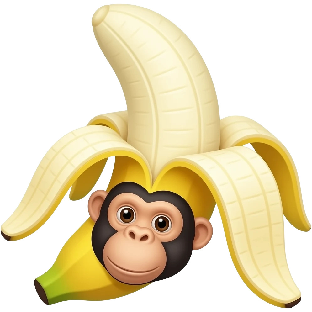 iOS style halfway peeled banana with a chimpanzee face slightly below the top of the banana emoji