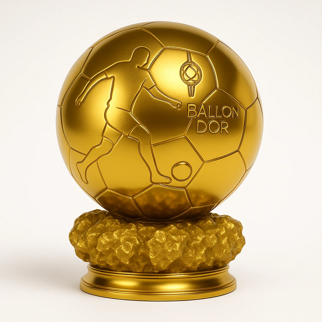 Replace the footballer silhouette on the Ballon d'Or trophy with Ousmane Dembélé's signature silhouette in a dynamic dribbling pose. Maintain a realistic gold style that is elegant and shiny, on a white background. emoji