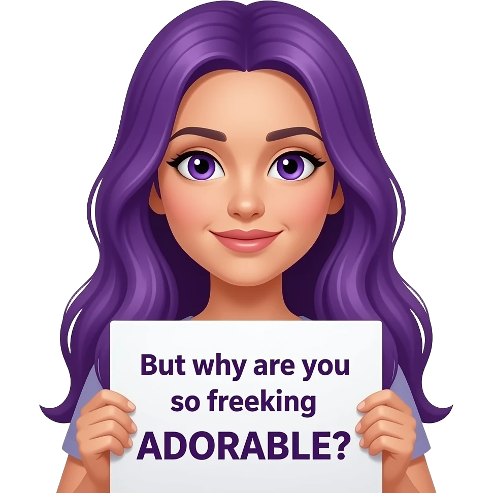 sexy girl with long purple hair and purple eyes holding a But why are you so freaking ADORABLE? sign emoji