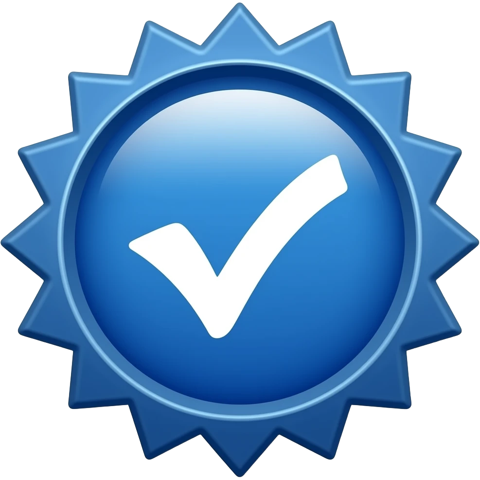 high-quality realistic blue verification badge with a circular starburst shape and evenly spaced sharp edges, smooth glossy gradient from deep blue at the edges to lighter blue at the center, subtle soft highlight on top, centered perfectly aligned white checkmark with smooth curved stroke, p emoji