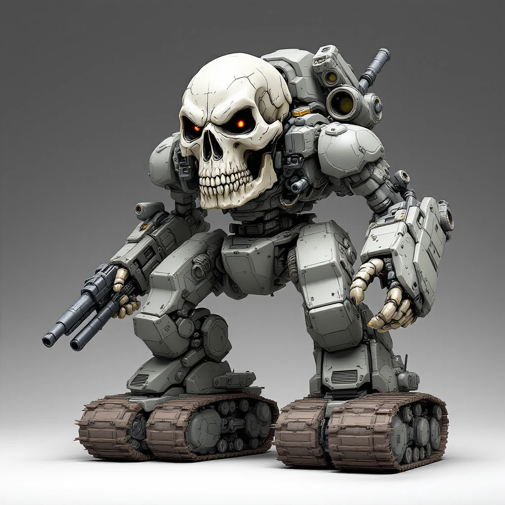 mean-looking skull tank with small forward skull, multiple mechanical arms with guns and blasters, aggressive and menacing pose, heavy tank treads, clean outline, compact and wide proportions, no background, inspired by attached images for structure and attitude emoji