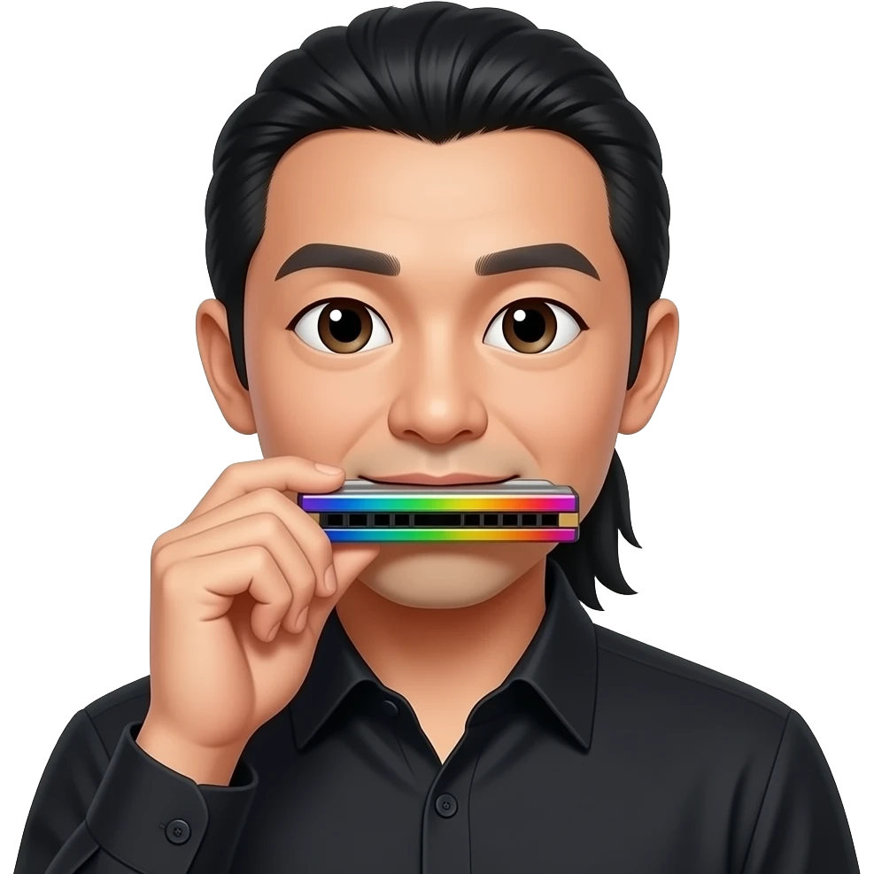 Chinese man with long  pony tail and black shirt with chromatic harmonica -- https://now.tufts.edu/sites/default/files/uploaded-assets/images/2024-11/241113_leon_li.jpg emoji