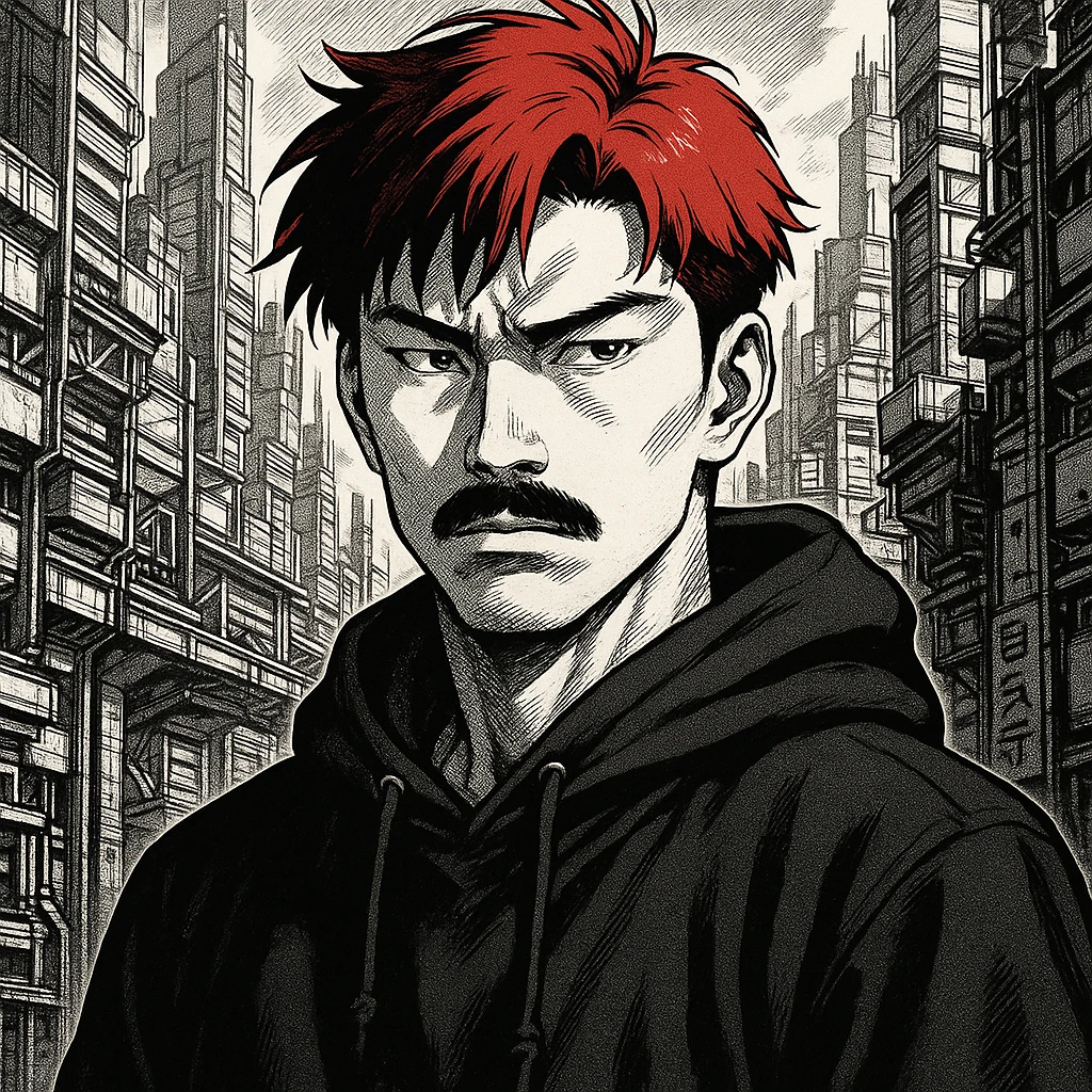 Asian man with black mustache, red hair, black hoodie, Ghost in the Shell manga style, futuristic city background, sharp shadows, high detail emoji