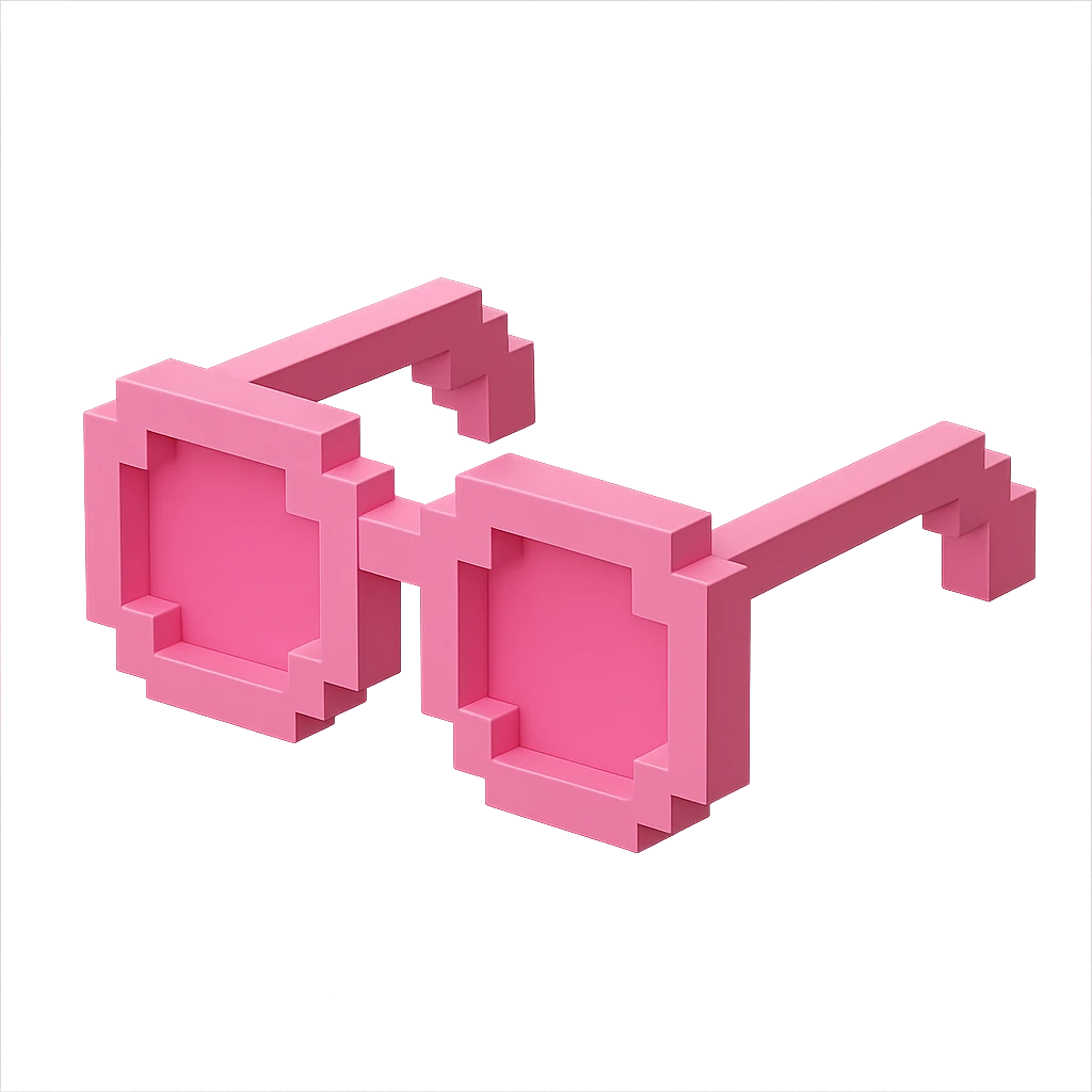 Voxel-style pink glasses with pink lenses, no background, monochromatic and sleek emoji