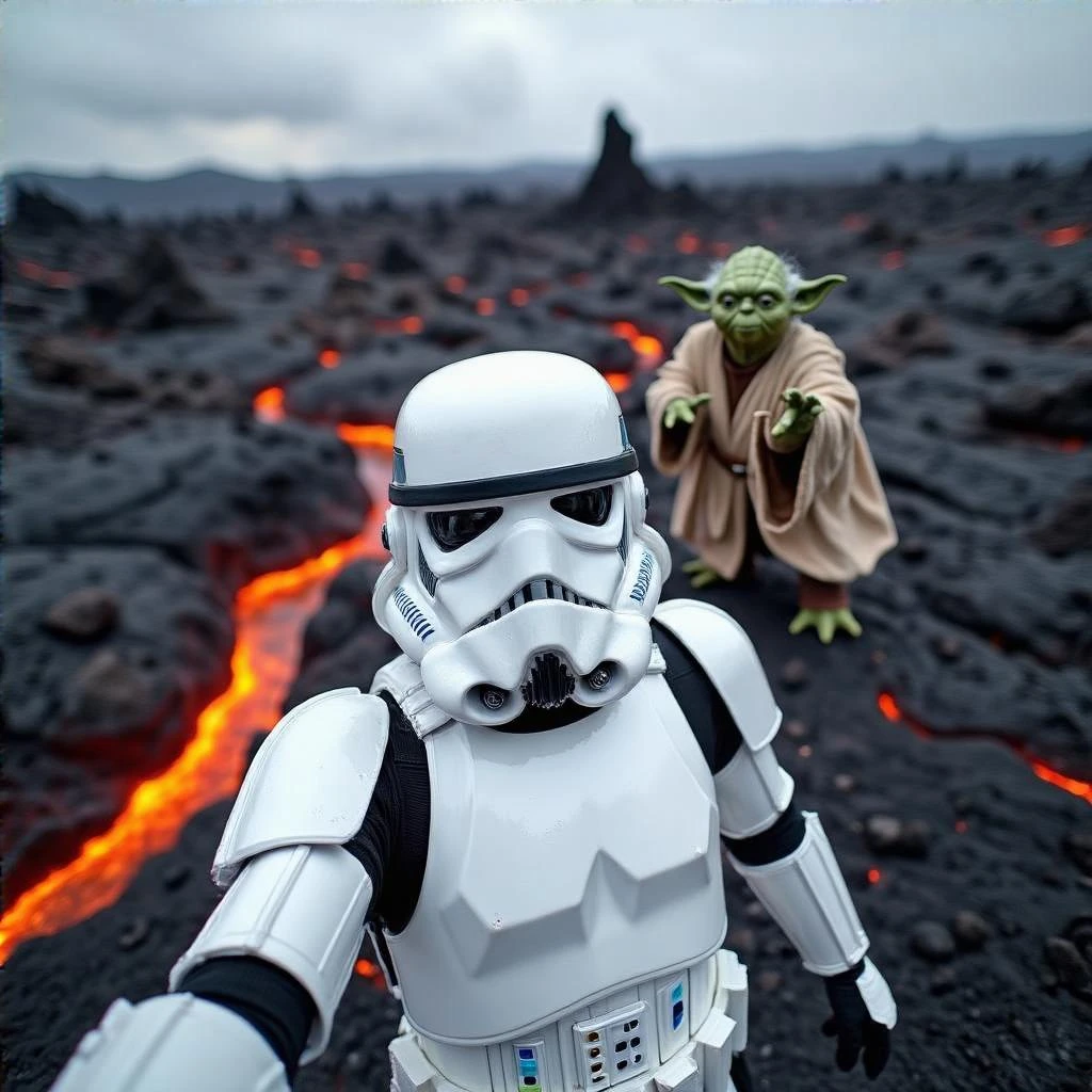 Camera POV, Starwars stormtroopers vlogging selfie, he is walking on lava planet with yoda emoji