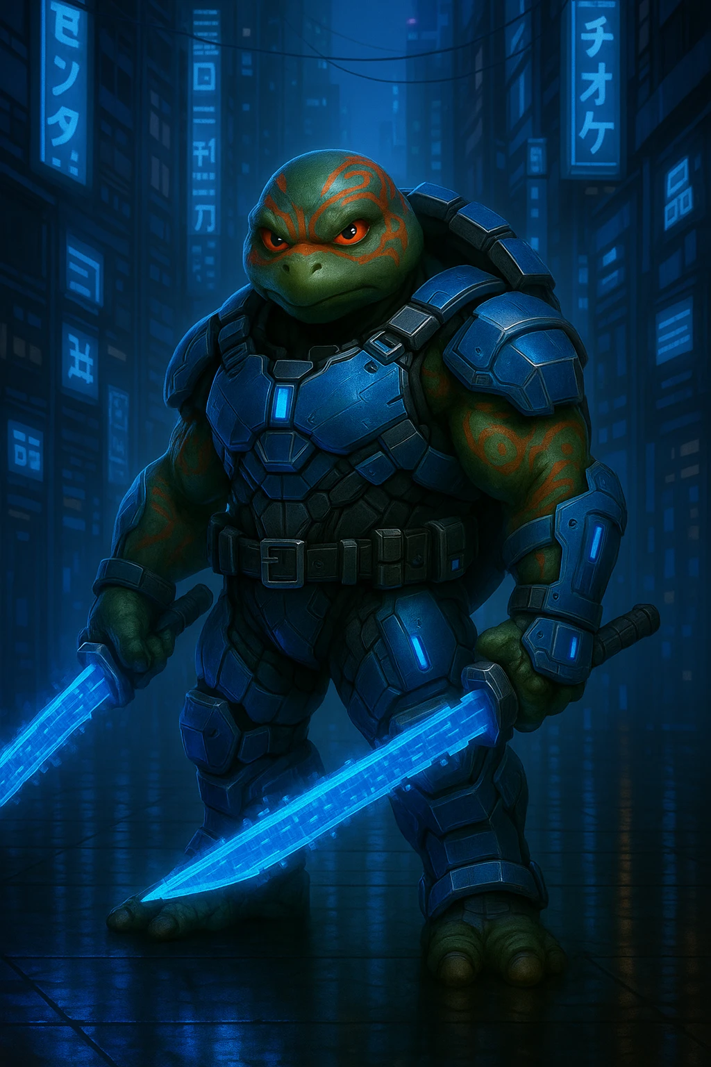 Change the color scheme to blue and silver while keeping the neon-lit dystopian city background vibrant. Ensure the character's tribal markings and tech details remain visible and clear in the image. emoji