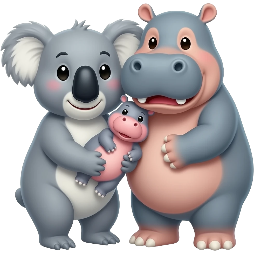 Koala and hippo holding their baby hippo Together in both of their arms emoji family emoji