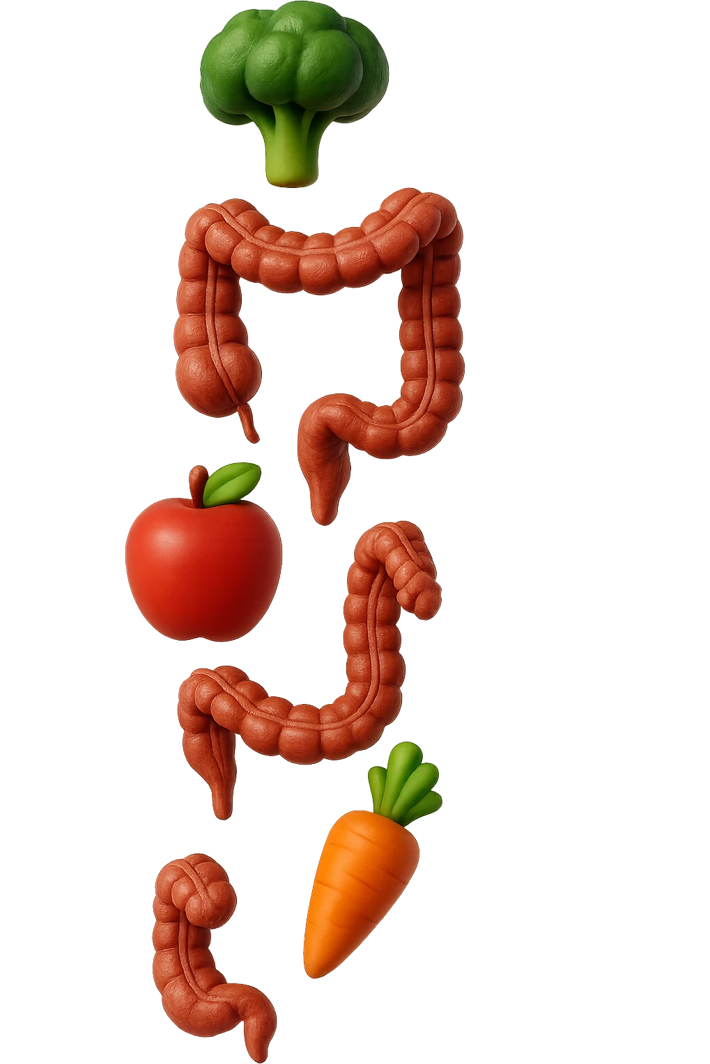 emoji stile iphone in 3d di cibo sano che fluttua in aria vericalmente insieme a pezzi di colon umano anatomico, iperrealistico 4k emoji