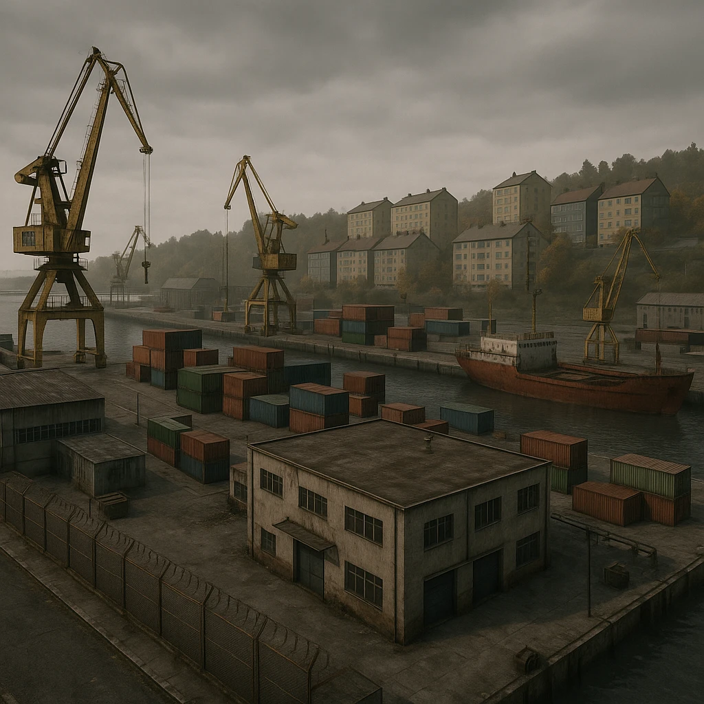 a screenshot of the game DayZ videogame, the harbor in a Scandinavian port town, industrial harbor at apartment blocks emoji