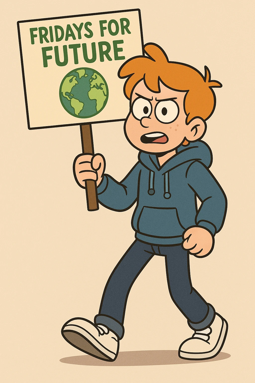  Fridays for Future a boy Yellow Orange hair blue jackets hoodie dark blue jeans white shoe  emoji