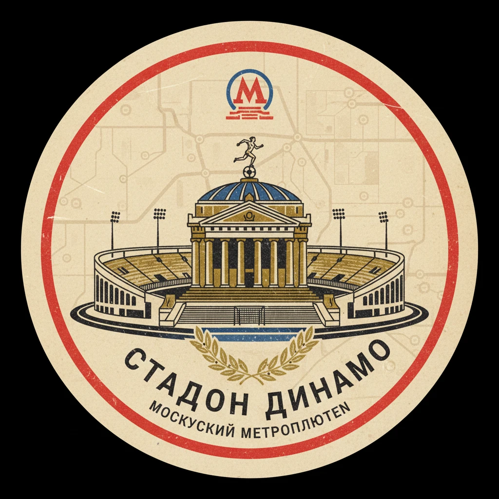 Нужно сделать круглую ретро-марку. Ее границы - не очень яркий красный круг, как у станции метро Москвы на ее схеме. Сама марка должна напоминать как будто станцию метро на схеме метрополитена

На марке - стадион "Динамо" в виде древнего святилища emoji