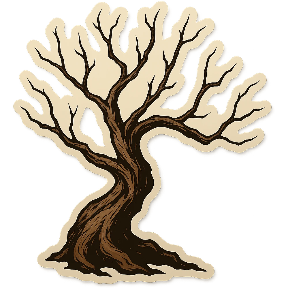 Dry tree with crooked branches without leaves, clear black outlines, expressive shadows and highlights, aged bark texture, retro stickers style, no smooth color transitions. emoji