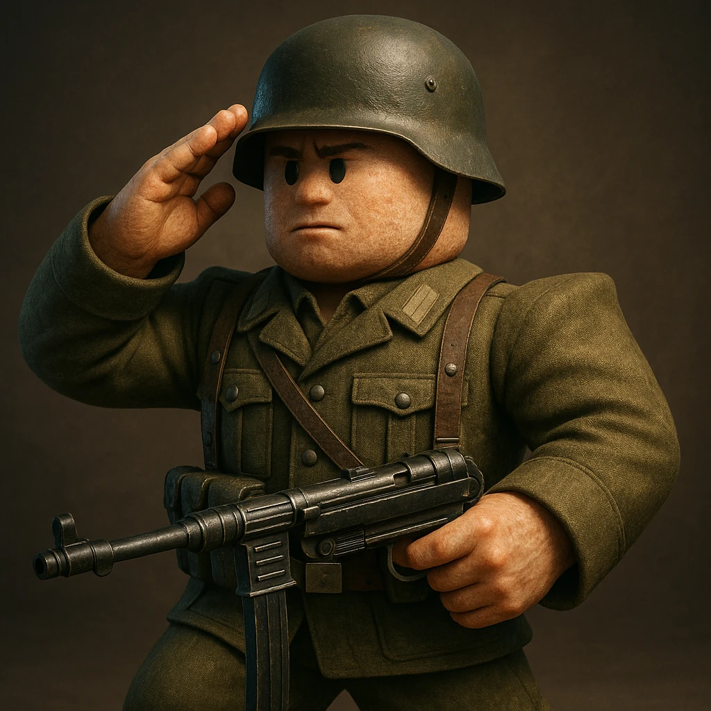 World War II soldier inspired by Roblox style, realistic skin texture, saluting and holding an MP40 submachine gun emoji