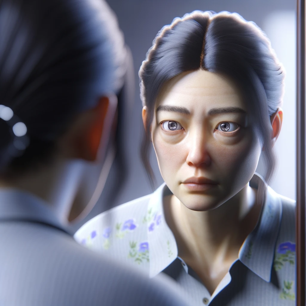 DONNA CHE SI GUARDA ALLO SPECCHIO CON ESPRESSIONE DUBBIOSA IN VOLTO, iperrealistico 4k emoji
