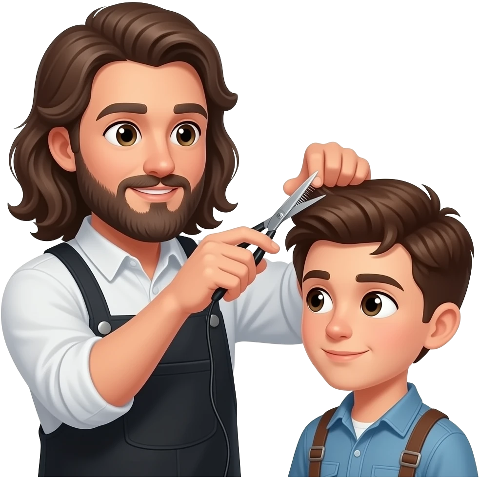 A barber with long hair and a beard is cutting the hair of a brown-haired teenager while they talk. emoji