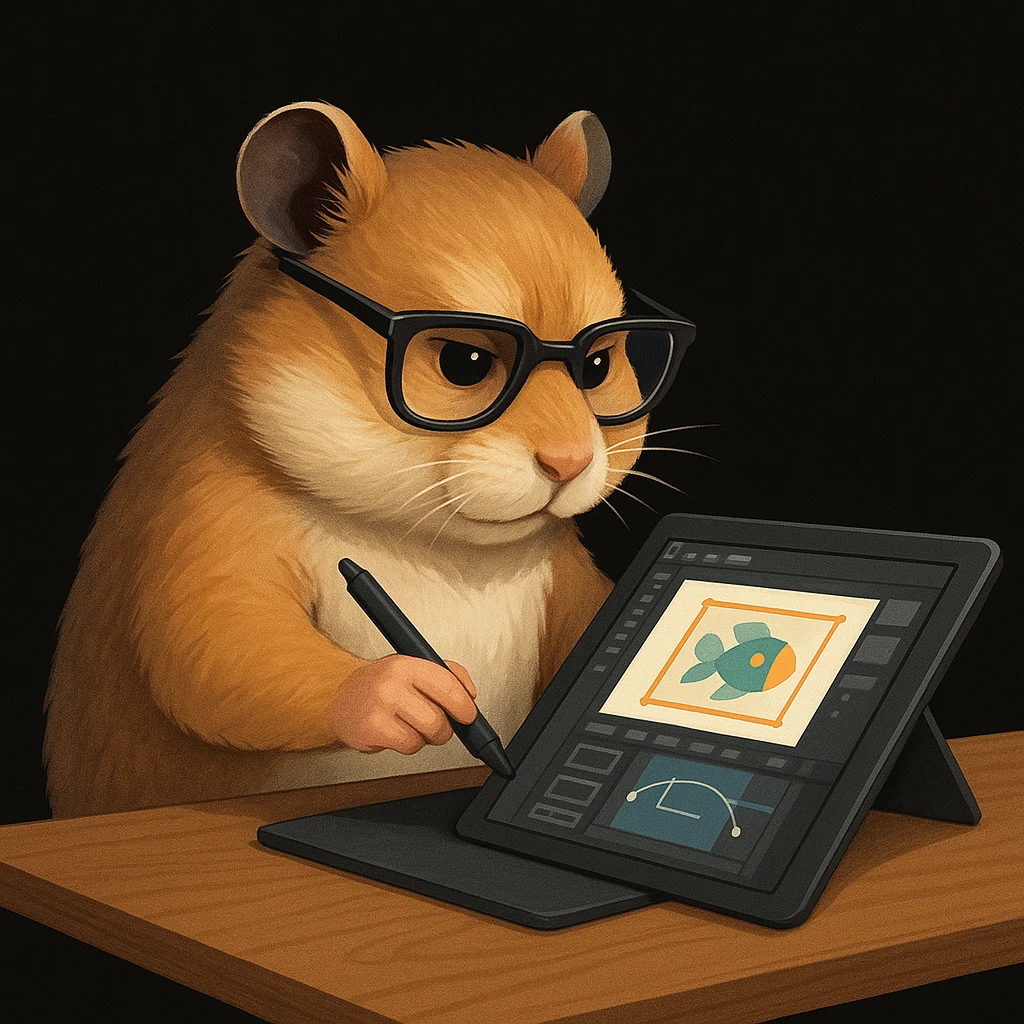 a mature, modern, semi-realistic hamster wearing cool glasses, creating a design or making animations, showing creative action, on a solid black background, not overlapping with other elements emoji