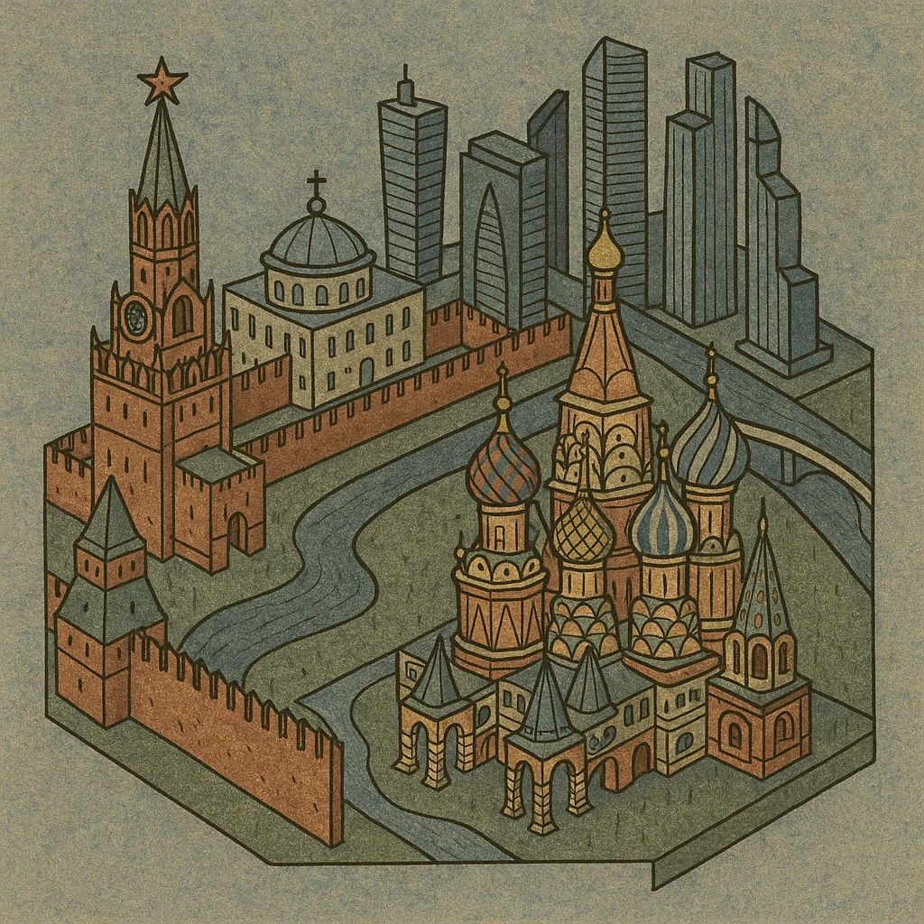 Изометричная миниатюрная 3D модель Москвы - Кремль, собор Василия Блаженного, Сити,  аккуратная детализация, яркие цвета мультяшный реализм, компактная композиция,  вид сверху в изометрии emoji