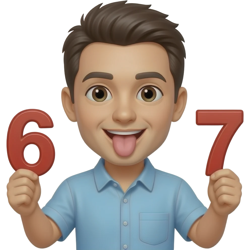 Make a emoji of the joke 6 7 make him holding the 6 7 in his palms don't show the palms make his tongue stick out emoji