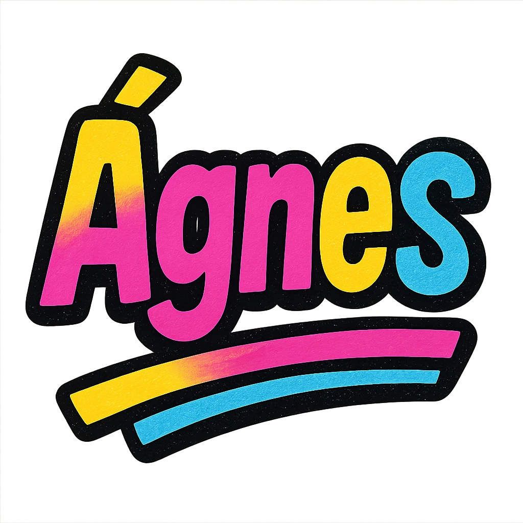 Ágnes name in modern colorful gradient font with dark outline, dynamic slanted or partial underline, transparent background, in the style of reference patterns emoji