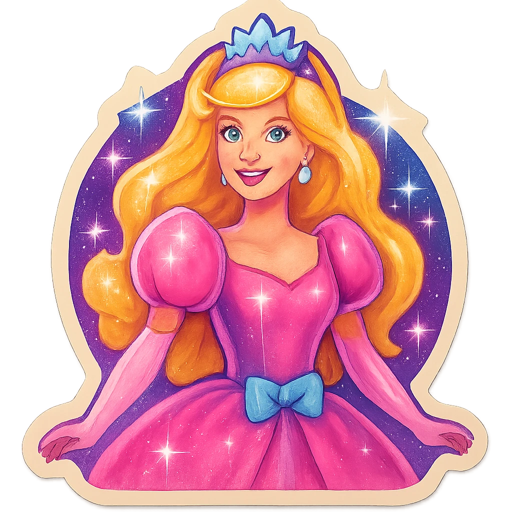 Barbie inspired sticker, princess theme, tiara, elegant dress, magical atmosphere emoji