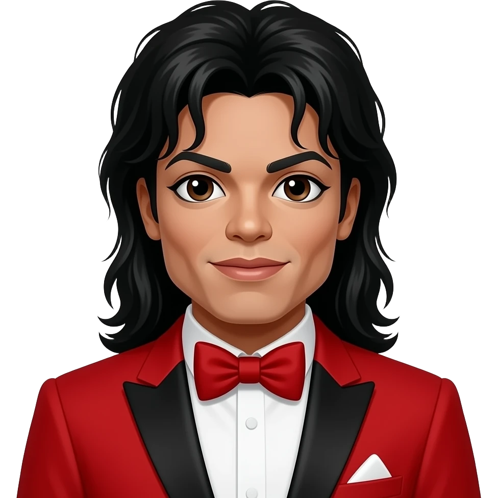 Michael Jackson with dark brown eyes, long black hair, red grammy suit with bow tie emoji