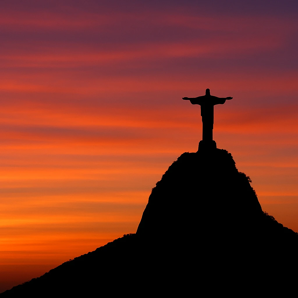 Corcovado mountain silhouette with Christ the Redeemer, sunset colors, minimalistic style emoji