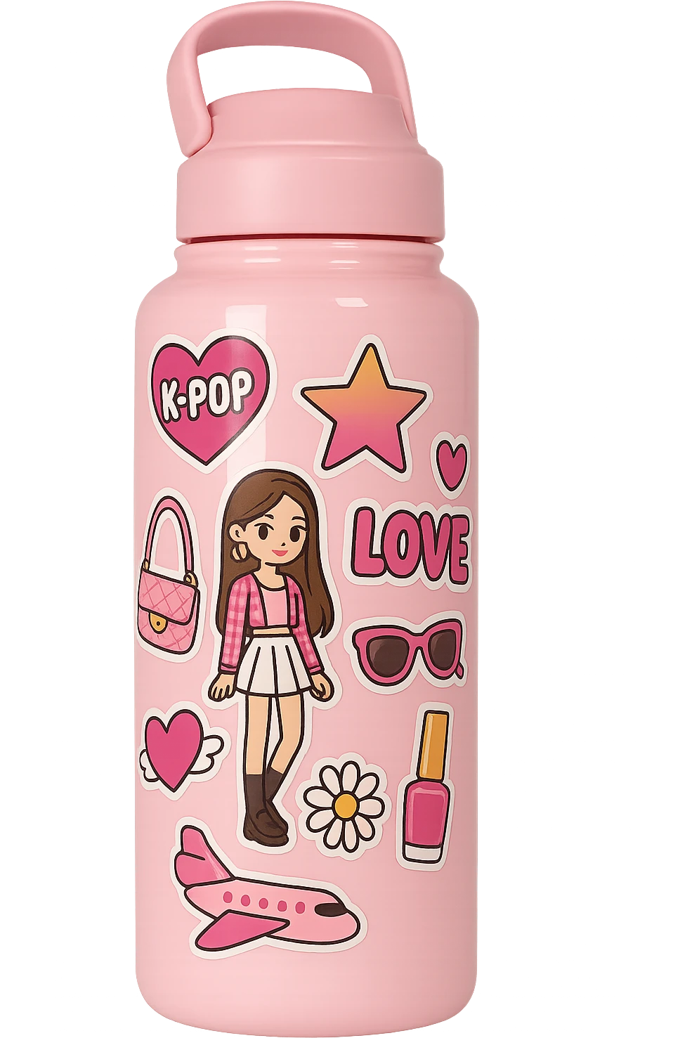 pink kpop idol water bottle with stickers, stylish emoji