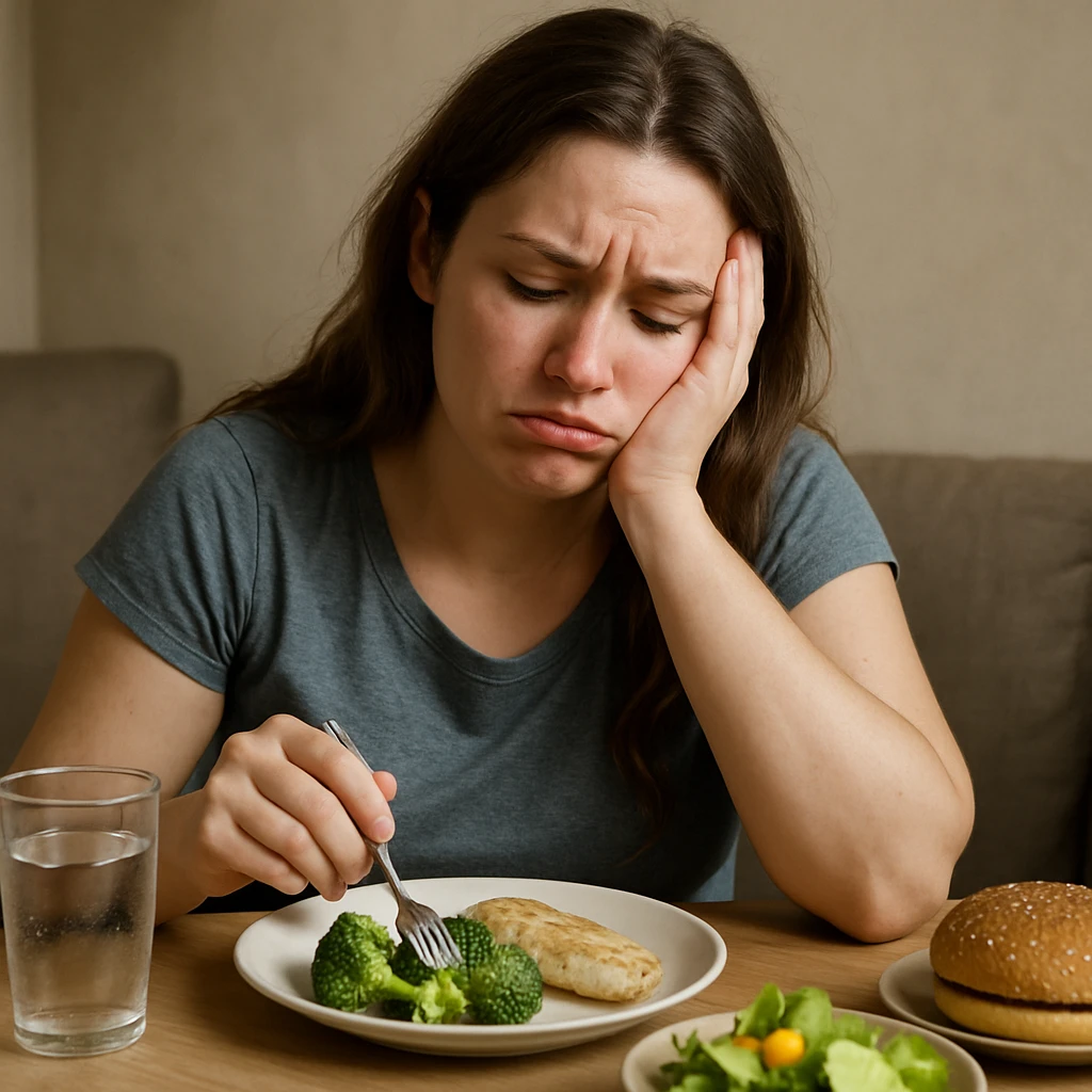hyper realistic woman with a frustrated or discouraged expression, feeling discomfort, sitting in front of unappealing food, detailed realistic scene, conveying difficulty following a diet far from her preferences emoji