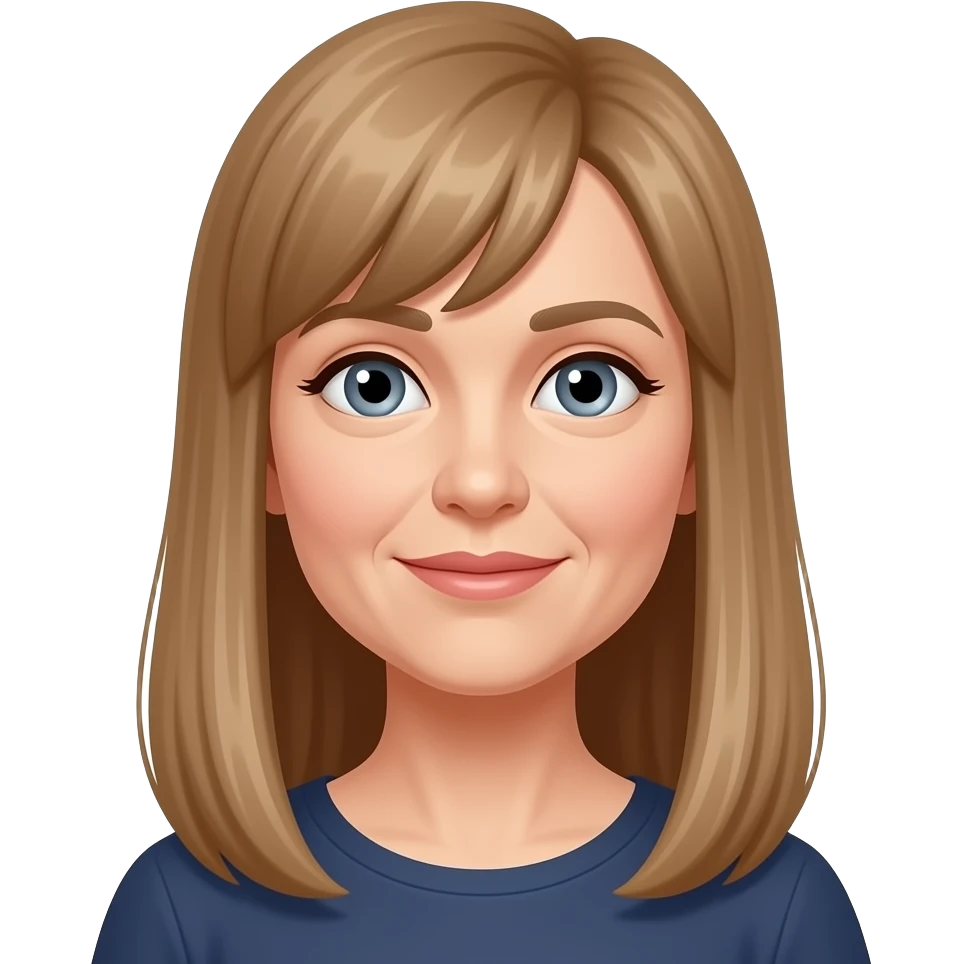 50 year old woman with long straight light brown hair and side bangs and grey eyes emoji