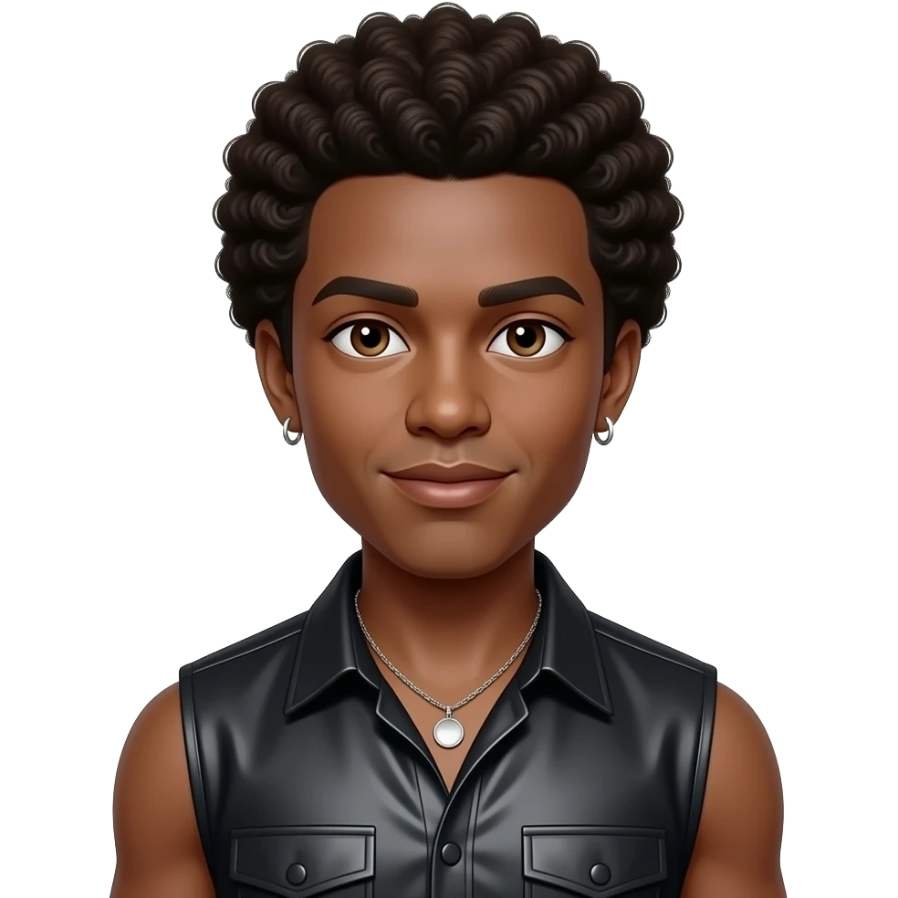 Colin Brittain from Linkin Park with brown eyes, dark brown afro curly hair, black metallic sleeveless shirt, necklace and earrings emoji