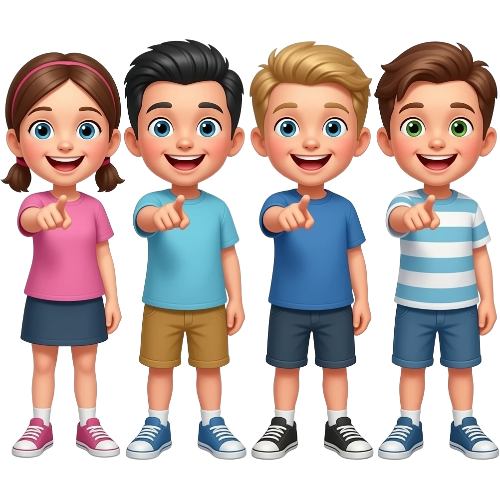 Hazme unos 4 chicos burlandose i riendose que sea muy exagerado de alguien i aseñalando para delante como si hubiera un chico delante de ellos, que se les vea todo el cuerpo i que sean niños guapos i uno que tenga un peinado de chulito emoji