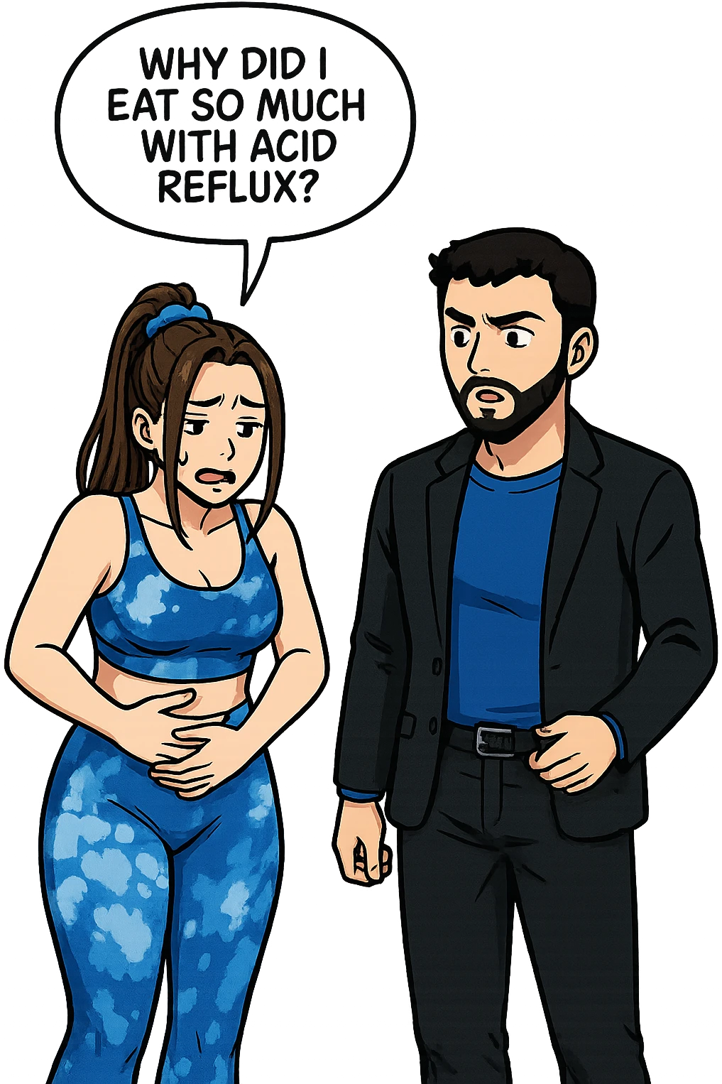 TRASFORMA QUESTO CAROSELLO IN UN FUMETTO STILE WEBTOON/MANGA A COLORI CON QUESTE DUE PERSONE IDENTICHE CHE INTERLOQUISCONO TRA LORO, LA DONNA è DISPERATA CON LE MANI sulla pania perché soffre di reflusso E STA DOMANDANDO TUTTA AGITATA UNA COSA ALL'UOMO:

LEI (DONNA): Ho sempre il reflusso anche se mangio poco (e bene), cosa posso fare?
 emoji