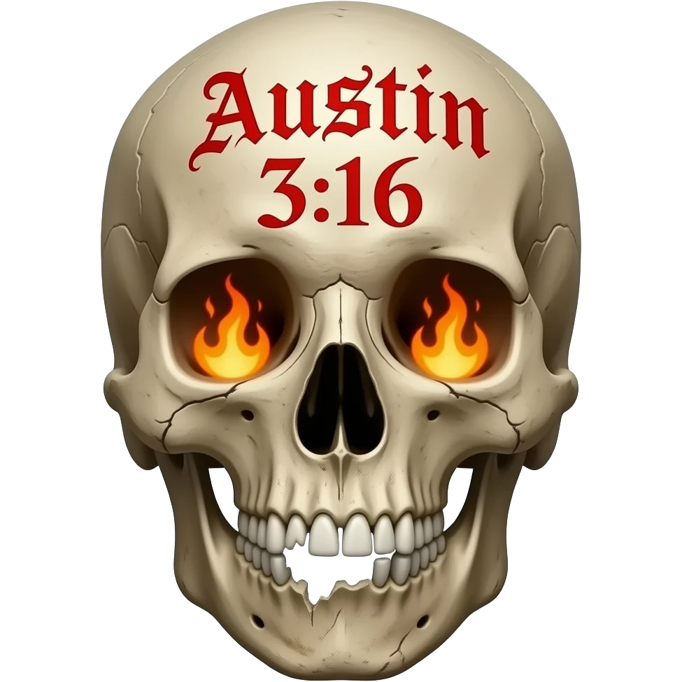human skull, jaw slightly open, teeth chipped, Austin 3:16 carved in forehead, eye & nose cavity with flames, words a bright red Gothic font, entire skull is aged, sun dried, weathered emoji