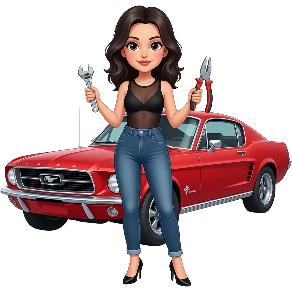Pale girl with wavy jet black hair and brown eyes in front of a red ford mustang 1968 coupe. Girl wearing a sheer black sleeveless top, low rounded neckline, jeans and heels with visible toes. Girl holding an adjustable wrench in his right hand and a pair of multi-grip pliers in his left hand. emoji