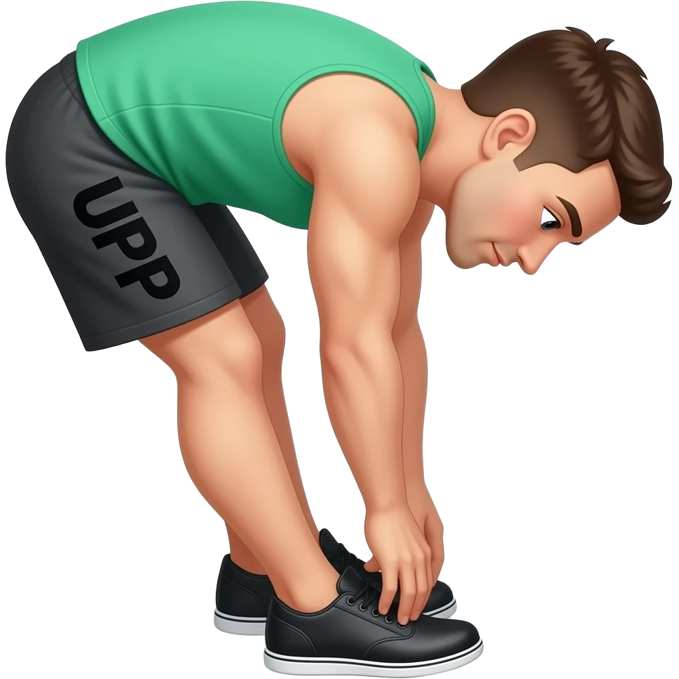 guy-in--green (#15ef98 rgb(21, 239, 152))--white-tank top-and-shorts-standing-up,-bending-down-to-touching-toes-(stretching-down-by-touching-both-feet-_-toes-feet-together-not-split-apart-with "UPP"_-written-on-his-shorts in black. blakc shoes emoji