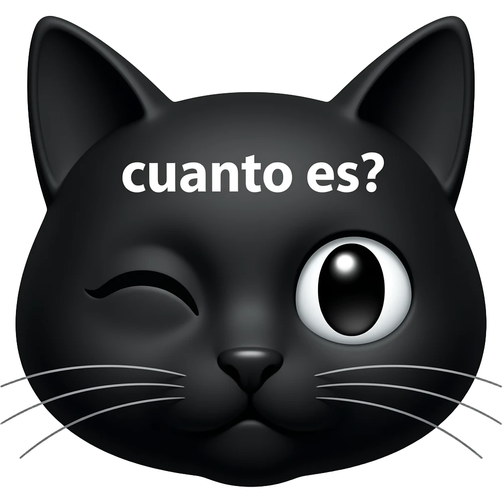 Emoji Cara negra de felino un ojo cerrado guaoi con la palabra cuanto es? ó  how much? emoji