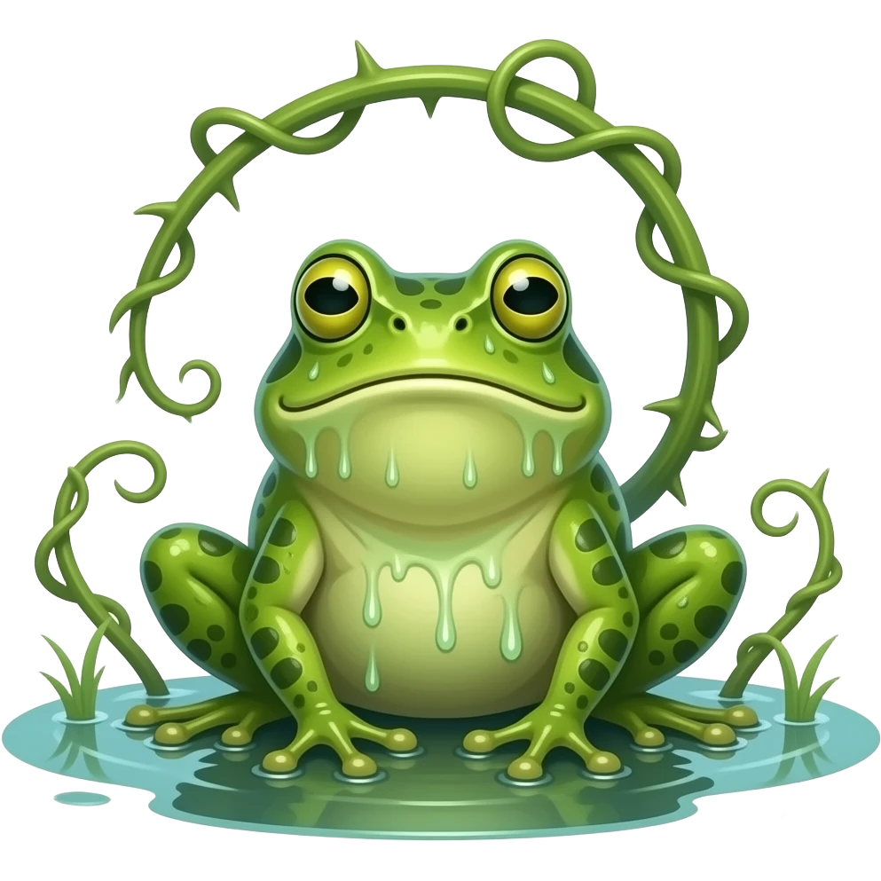 Mosskip A frog-like plant creature with spiky vine markings and damp green skin. It can sit still for hours and look just like part of a pond. attacks with whipping vines emoji