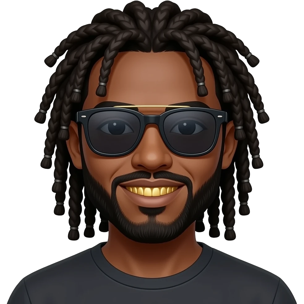 Black man with long dreads and dark gold plated teeth wearing dark shades emoji