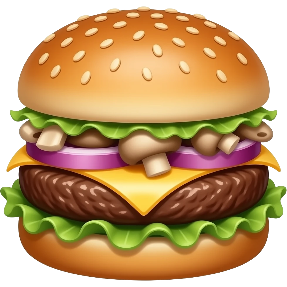 beef burger with mushrooms and onions, only bun, beef patty, mushrooms and onion slices, no cheese, no tomato, no lettuce, premium casual game art, 3D cartoon, front view, centered, no outline, transparent background emoji
