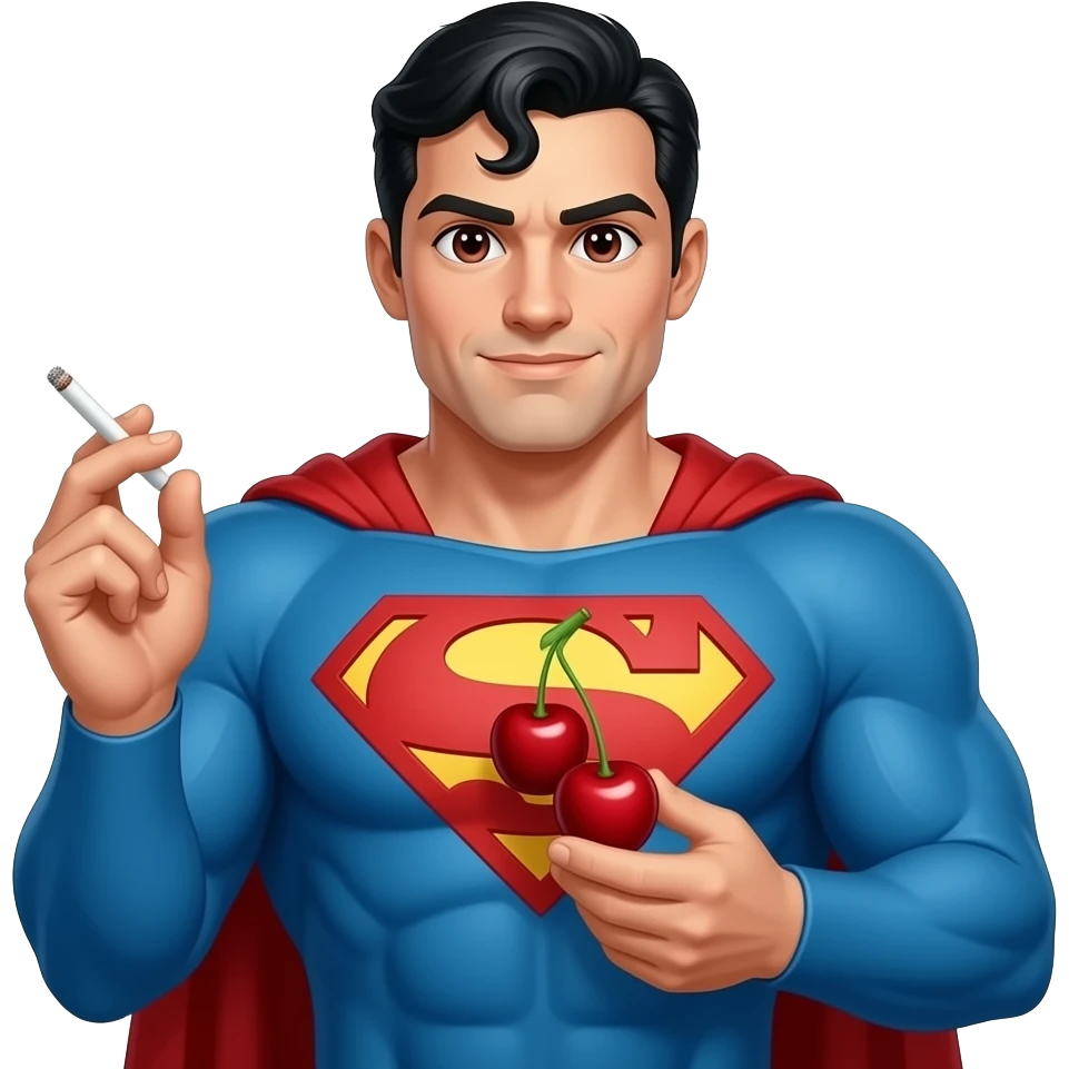 Make this sticker with the cherry instead of the S embedded in the chest as part of the costume, the eyes have Cherries as pupils and the left hand is holding a joint and the right hand a cherry, Superman muscular with his complete look emoji