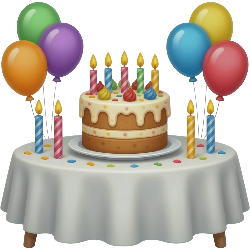 চারিদিকে বেলুন আর মোমবাতি টেবিলে একটা বার্থডে কেক emoji