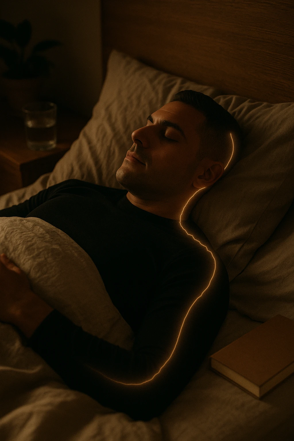 A cinematic close-up of a man in his early 30s sleeping peacefully on his back in a softly lit bedroom. His breathing is calm, chest rising slowly. The sheets are slightly crumpled, natural linen textures in warm beige tones. His face is relaxed, with faint light illuminating the side of his cheek and temple from a nearby window. Around his body, faint glowing lines follow the spine and head, symbolizing deep nervous system recovery and hormonal balance. On the nightstand: a glass of water, a book, and no electronics. The room is quiet and grounded, with natural elements like a small plant and a wooden headboard. Shot in 35mm cinematic style, with warm ambient tones, shallow depth of field, and a peaceful, healing atmosphere emoji