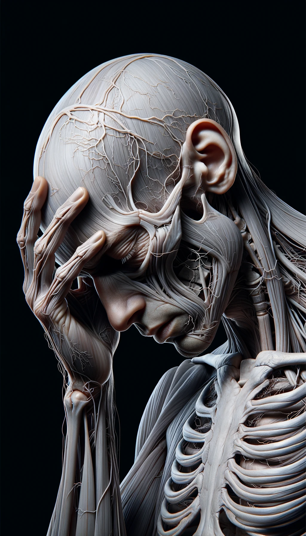 CORPO UMANO ANATOMICO STANCO CON MANO SULLA FRONTE, IPERREALISTICO 4K emoji
