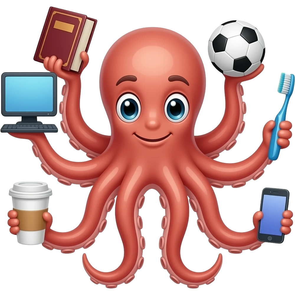 une pieuvre qui est multitache avec la bible, un ordinateur, un ballon de foot , qui bois du café, une brosse à dent, le téléphone et que chaque tentacule tien emoji