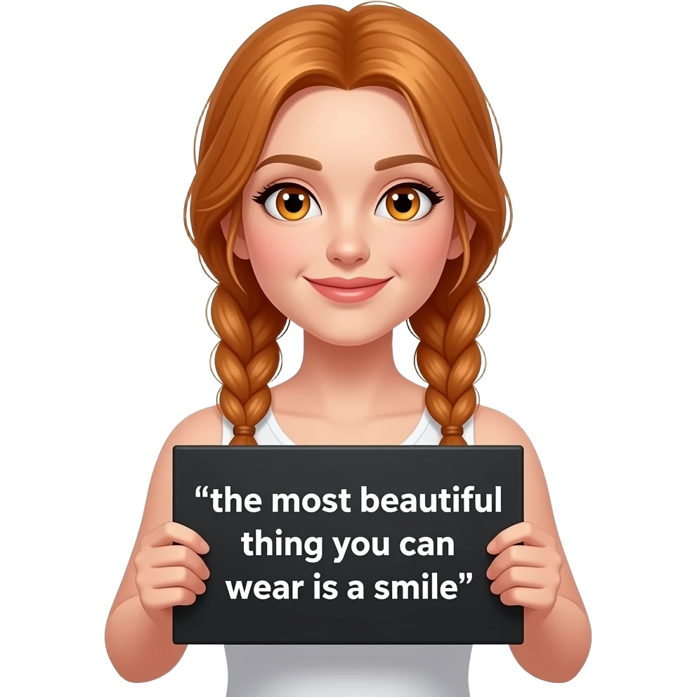 sexy girl with long ginger braids and ginger eyes wearing a white tanktop is holding a black sign with DAS SCHÖNSTE was DU tragen kannst ist ein LÄCHELN written on it emoji