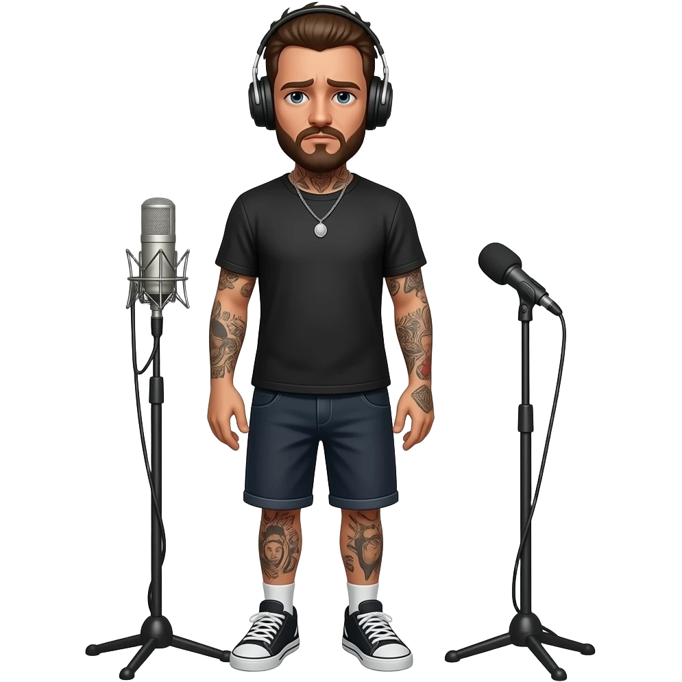 sad, lonely, dark and skin haired with tattoos,divorced man doing a podcast emoji