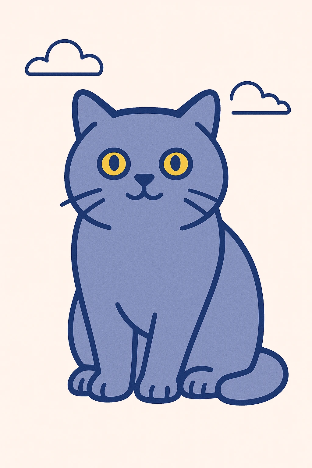 cute grey British Shorthair cat with yellow eyes, cartoon style, big round face emoji