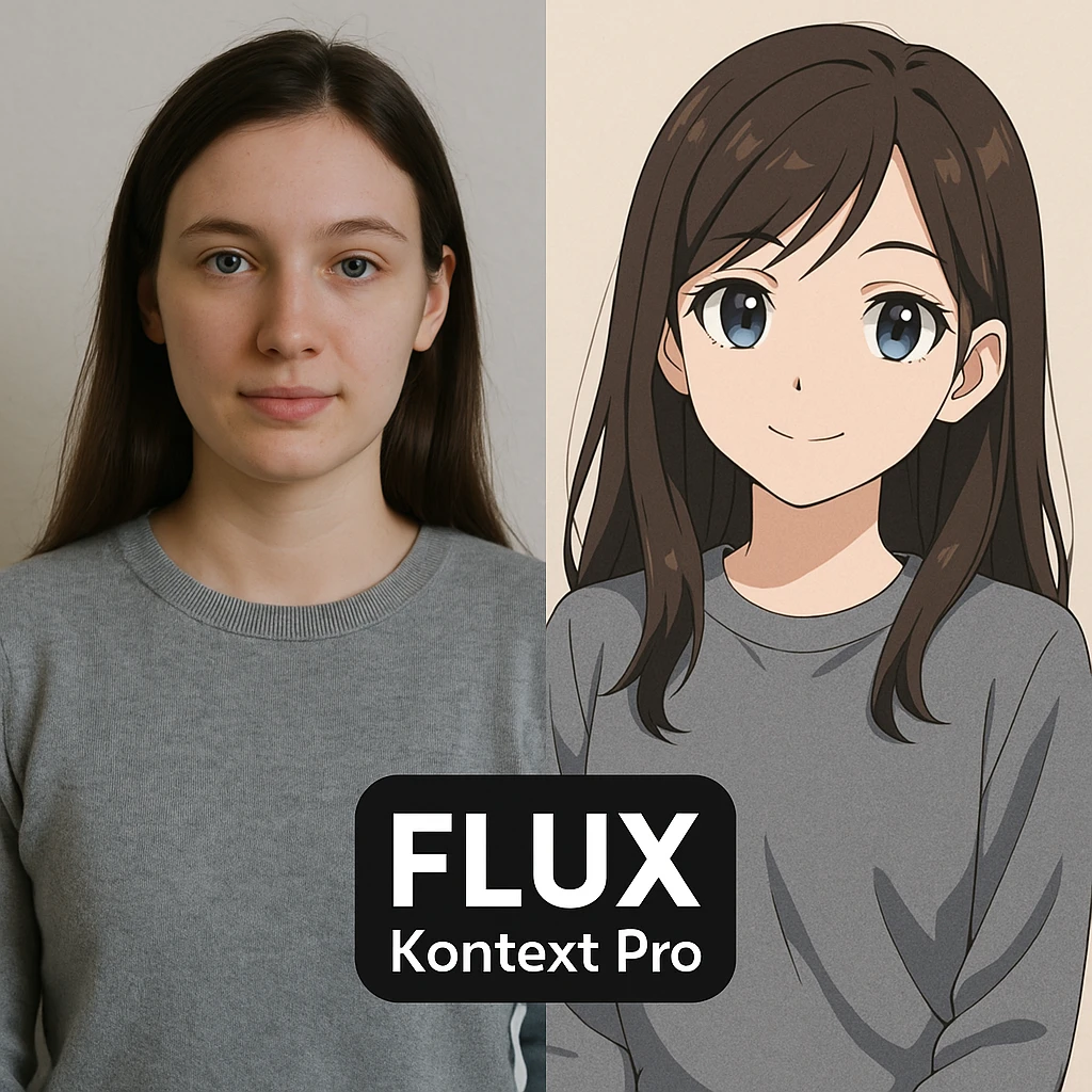 create before after image of a girl before is realsitic photo, after is anime version of her in same pose and clothes, add logo with text of a "FLUX Kontext Pro" emoji